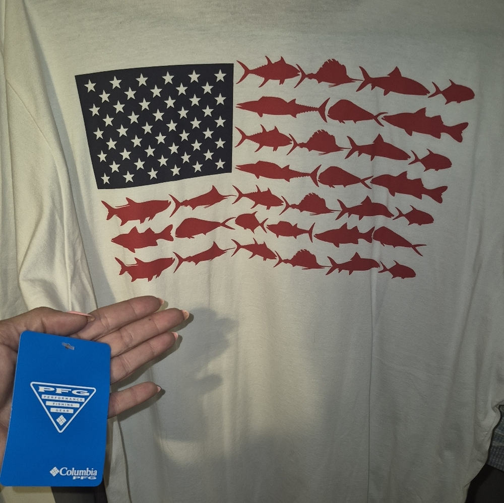 Columbia White Tee with Red and Blue Fish Flag Design